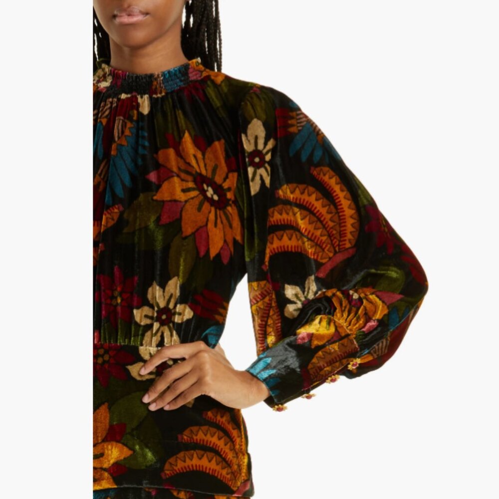 FARM Rio Macaw Ballet Velvet Mini Dress S Long Sleeve Party Floral High Neck - Picture 3 of 15